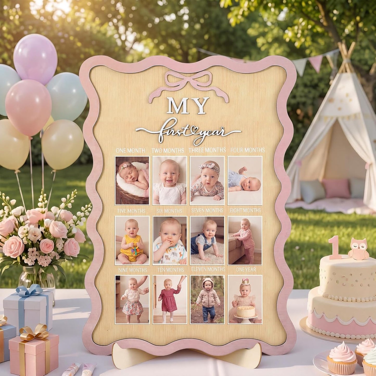 Pink Bow My First Year Photo Board Scalloped, One Year Birthday Wooden Picture Frame 12 Monthly Milestone Photo Frame 16.5 x 11.8 Baby 1st Birthday Decoration Gift for Baby Girls Keepsake Girls