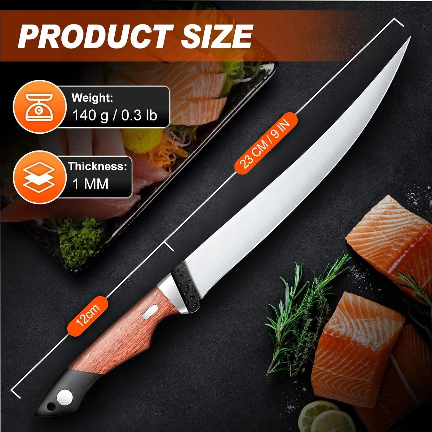 PURPLEBIRD Fillet Knife for Fish 9" with Sheath, 440C Stainless Steel Boning Knife for Meat Cutting with Wood Handle, Fish Fillet KnivesKitchen & Outdoor for Fishing, Hunting, BBQ, Christmas Gifts