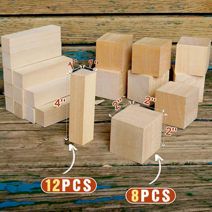 Basswood Carving Blocks, 19PCS Whittling Wood Blocks Kit with 3 Different Sizes, Bass Wood for Carving Easy to Use, for Kids and Adults