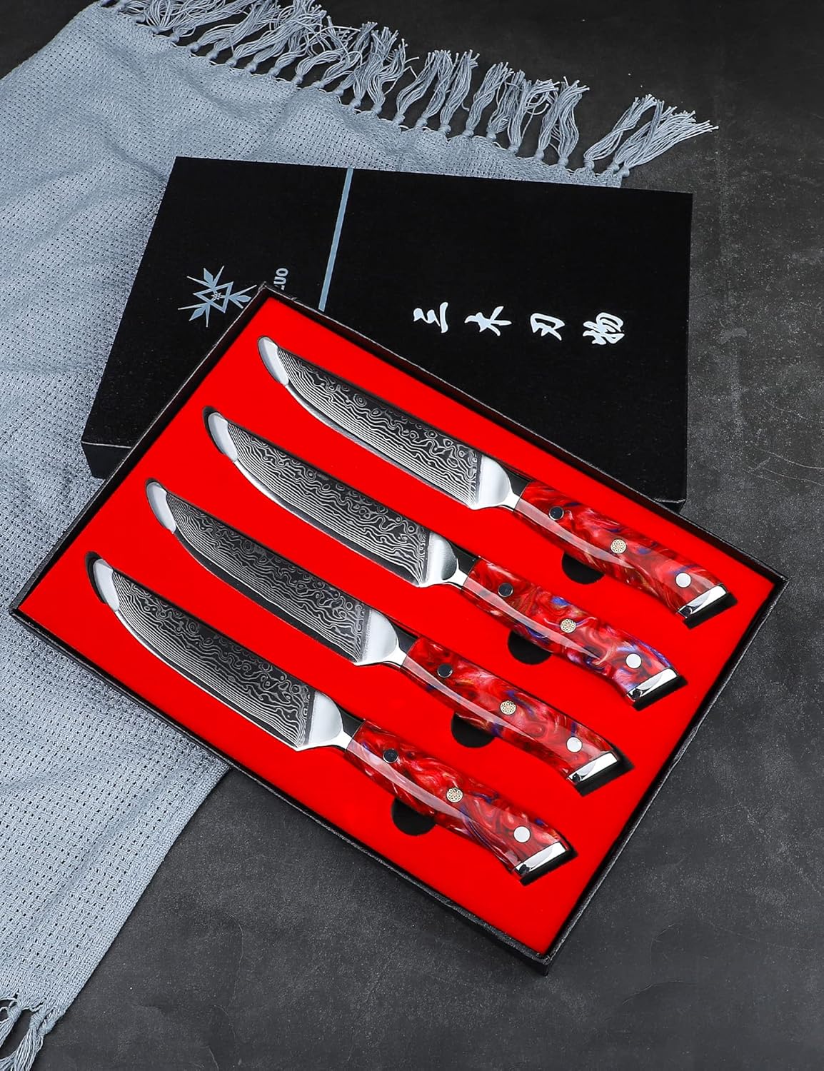 Steak Knives Set of 4, Ultra Sharp Non Serrated Kitchen Steak Knife 5 Inch - Damascus Steel & Resin Handle - Xuan Series (Sapphire Blue)