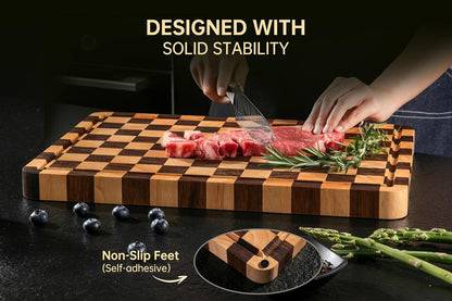 THETCHRY Cutting Boards for Kitchen, Checkered Cutting Board Thickened, Walnut & Rubber Wood Chopping Board with Juice Groove & Handle, Double-sided Butcher Block with Gift Box, 16.5" x 11.6" x 1.2"