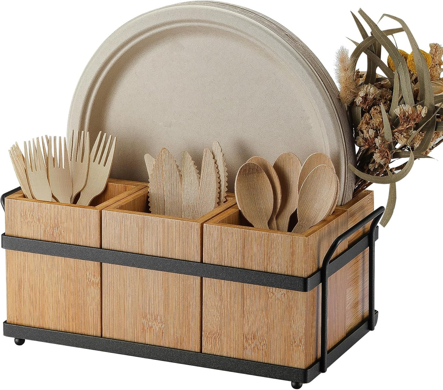 PTSTING Silverware Caddy Black Wood Silverware Holder Paper Plate Dispenser Utensil Caddy Cutlery Flatware Organizer Box for Spoons Forks Plates Napkins