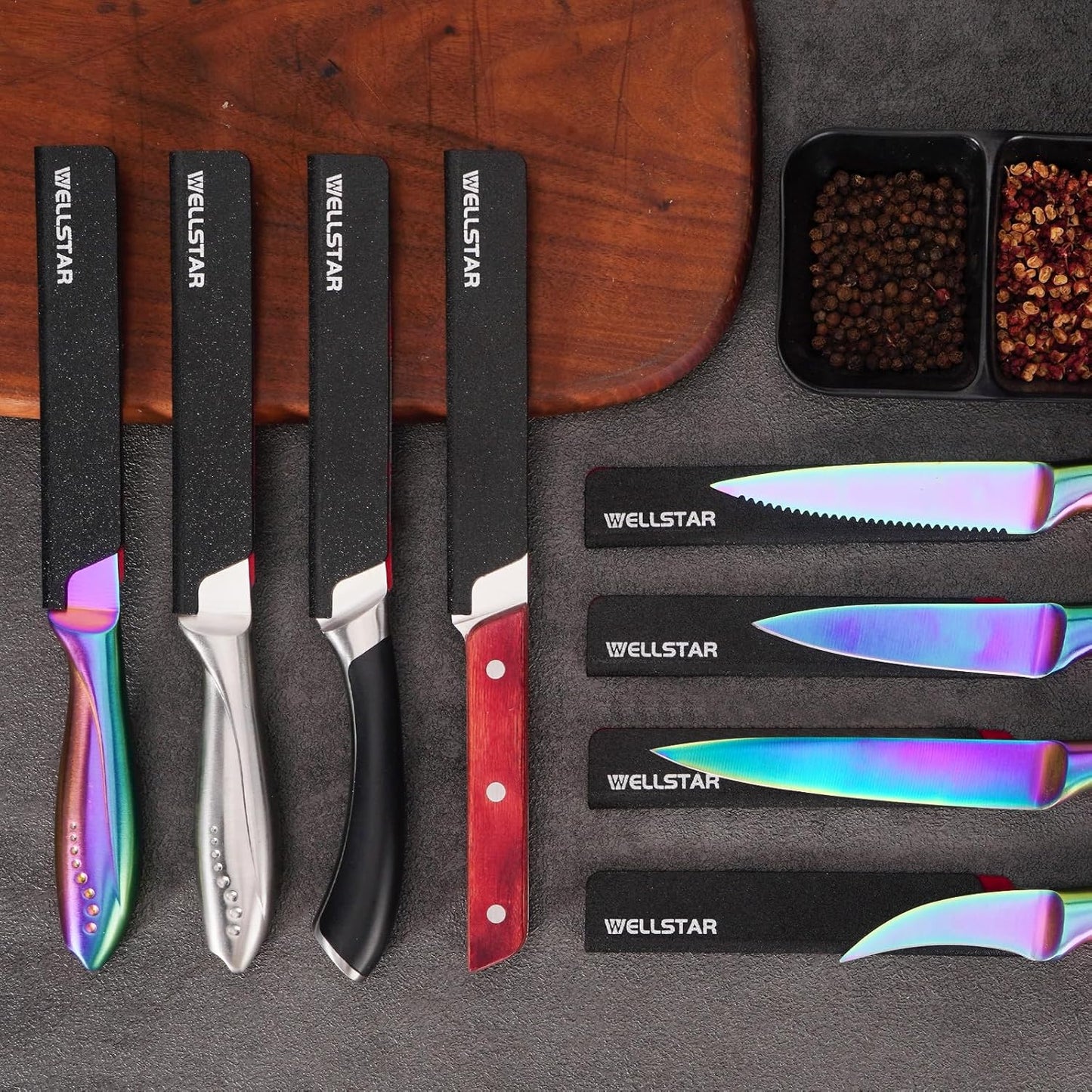 WELLSTAR Knife Edge Guards Set, 5 Piece Universal Blade Covers, BPA Free ABS Protective Blade Sheaths, Non-Scratch Felt Lining Kitchen Knives Covers (Knives not included)