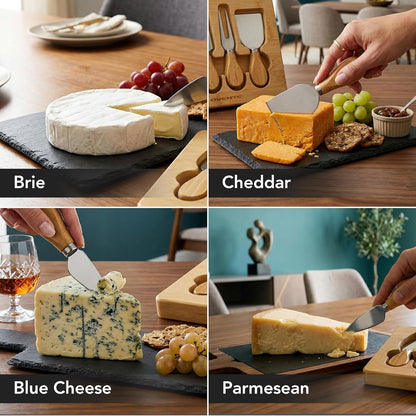 OVENTE 4 Piece Cheese Knife Set with Bamboo Handle & Wooden Case, Complete Stainless Steel Charcuterie Knives, Ideal Cheese Slicer, Spread & Butter Cutter for Party and Holiday Gift, Brown KCS5974B