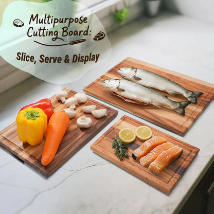 Non Toxic Acacia Wood Cutting Board Set with Stand | 3 Pcs Knife-Friendly Non-Slip Wooden Cutting Boards for Kitchen | 0.7″Thick Butcher Block | Solid Chopping Boards with Juice Groove