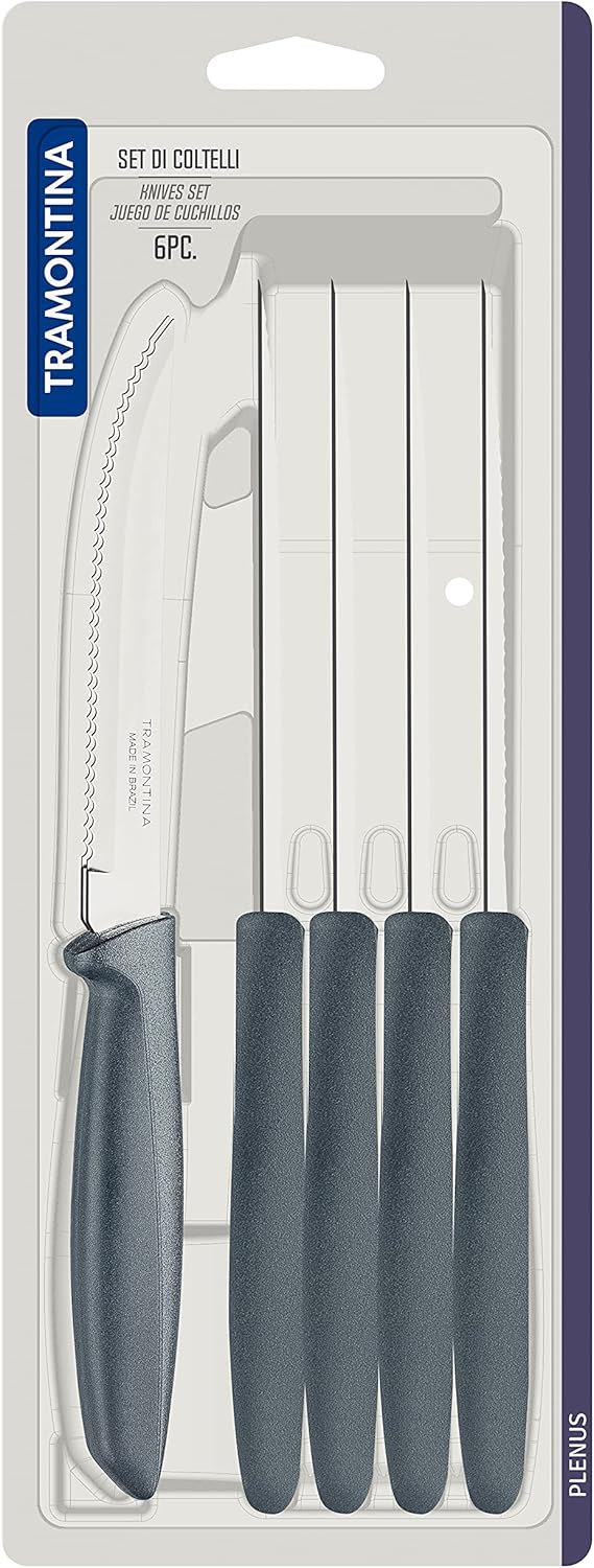 Tramontina Kitchen Knives Set of 6, Serrated Fruit Tomato Cooking Knife, Vegetable Chopper Peeler, Stainless Steel, Multipurpose, Pointed Tip, Brown, 23498454