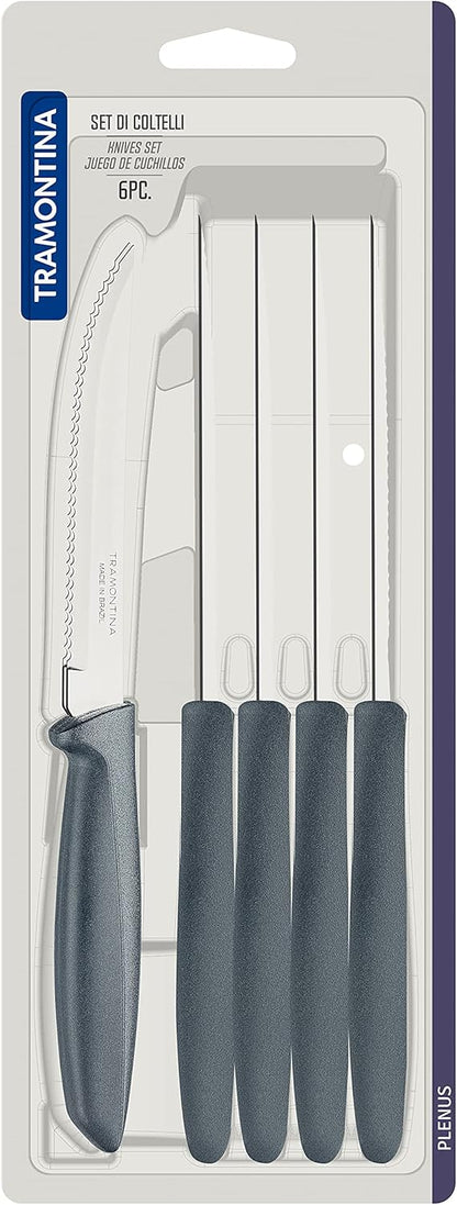 Tramontina Kitchen Knives Set of 6, Serrated Fruit Tomato Cooking Knife, Vegetable Chopper Peeler, Stainless Steel, Multipurpose, Pointed Tip, Brown, 23498454