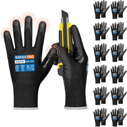 KAYGO 12 Pairs PU Coated Cut-resistant Gloves with Grip,Safety Work Gloves for Men Women,Full Fingers Touchscreen,Ideal for Warehouse,Wood Carving,Construction,ANSI Cut Level A1,KGP26