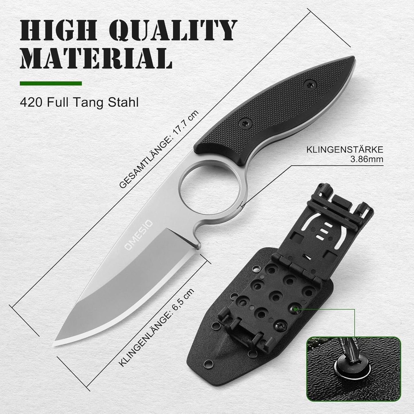 Omesio Small Fixed Blade Knife, Tactical Hunting Camping Knife with Kydex Sheath, Full Tang Stainless Steel Compact EDC Neck G10 Handle with Gift Box for Men (Black)