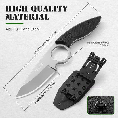 Omesio Small Fixed Blade Knife, Tactical Hunting Camping Knife with Kydex Sheath, Full Tang Stainless Steel Compact EDC Neck G10 Handle with Gift Box for Men (Black)