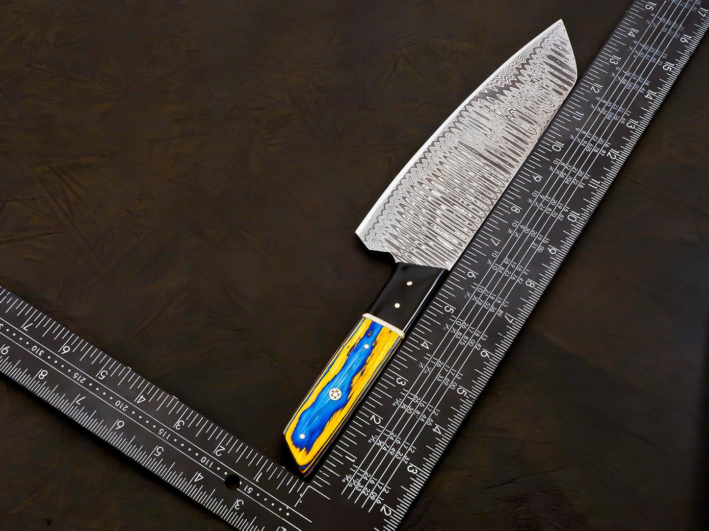 Damascus Steel Bunka Chef Knife, 13 Inch, Blue & Yellow Pakkawood Handle, Forged, with Leather Sheath