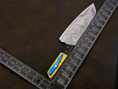 Damascus Steel Bunka Chef Knife, 13 Inch, Blue & Yellow Pakkawood Handle, Forged, with Leather Sheath