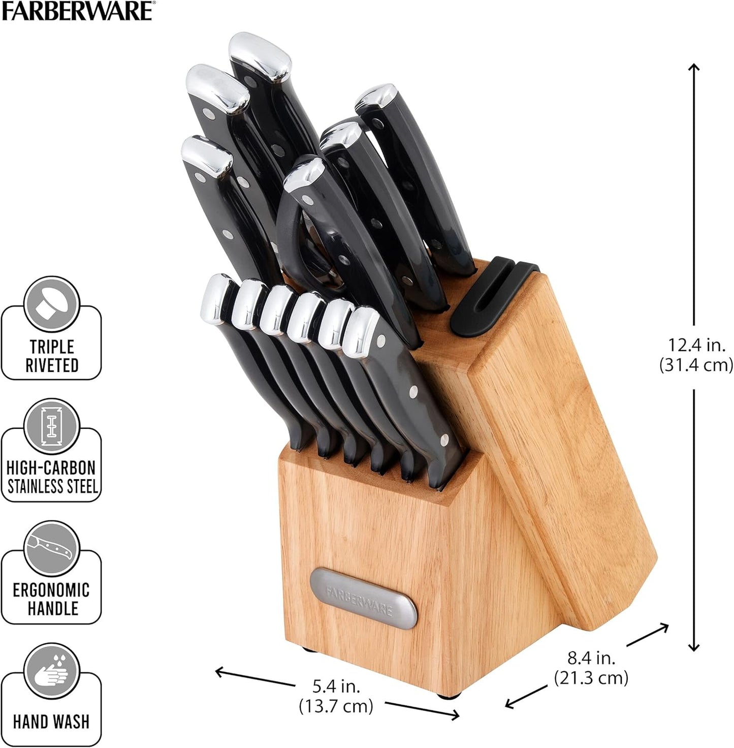 Farberware Edgekeeper Triple Riveted Knife Block Set with Built in Sharpener, 14-Piece, White