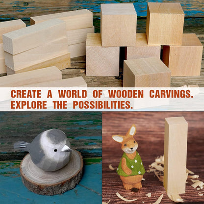 Basswood Carving Blocks, 19PCS Whittling Wood Blocks Kit with 3 Different Sizes, Bass Wood for Carving Easy to Use, for Kids and Adults