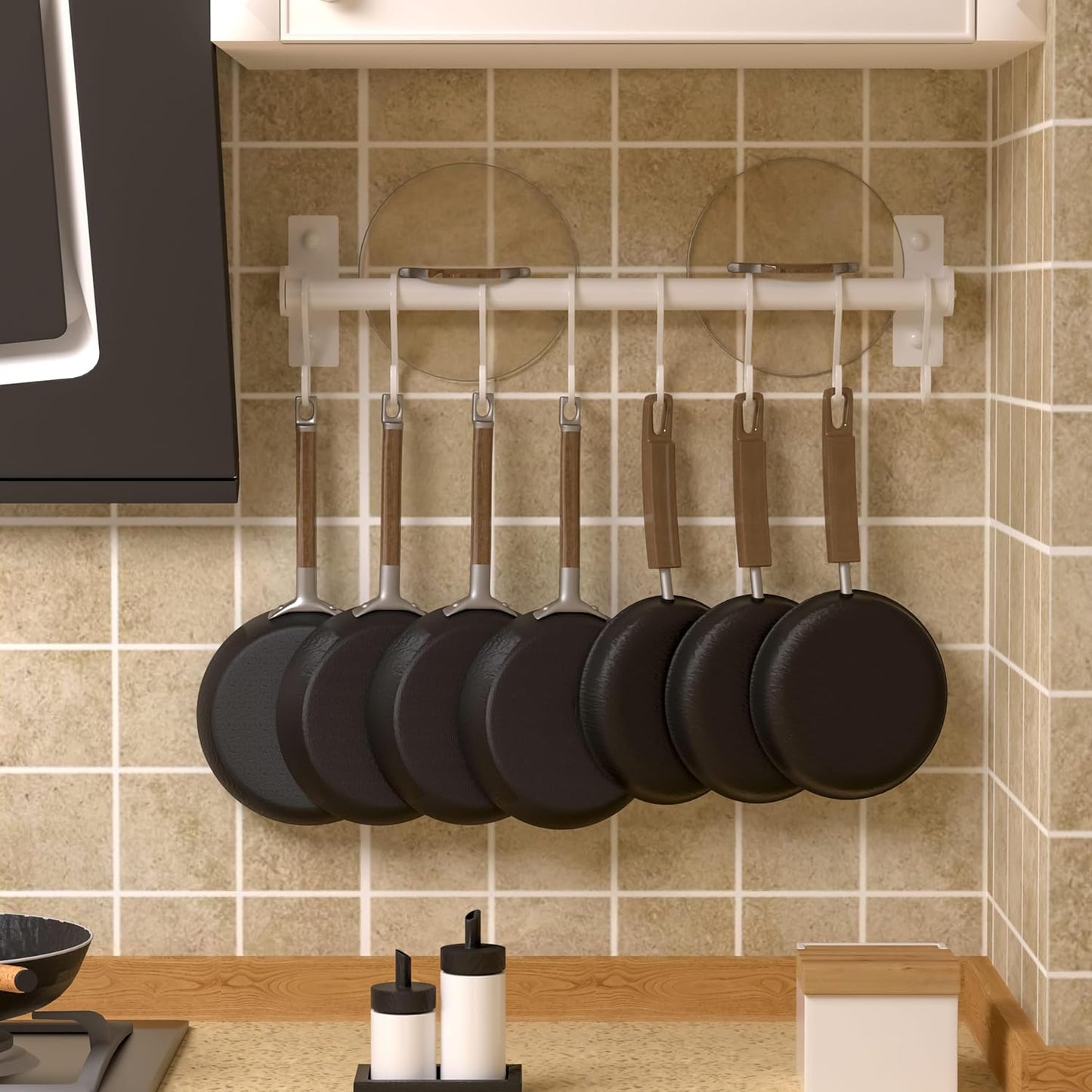 Dseap Kitchen Utensil Holder Hanger, Pot and Pan Rack Wall Mounted, Kitchen Rail with 8 Hooks for Hanging Cooking Utensils, Mugs, Spoons, Wall Mounted, Silver
