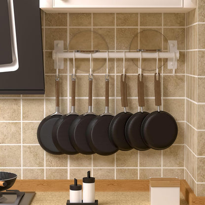 Dseap Kitchen Utensil Holder Hanger, Pot and Pan Rack Wall Mounted, Kitchen Rail with 8 Hooks for Hanging Cooking Utensils, Mugs, Spoons, Wall Mounted, Silver