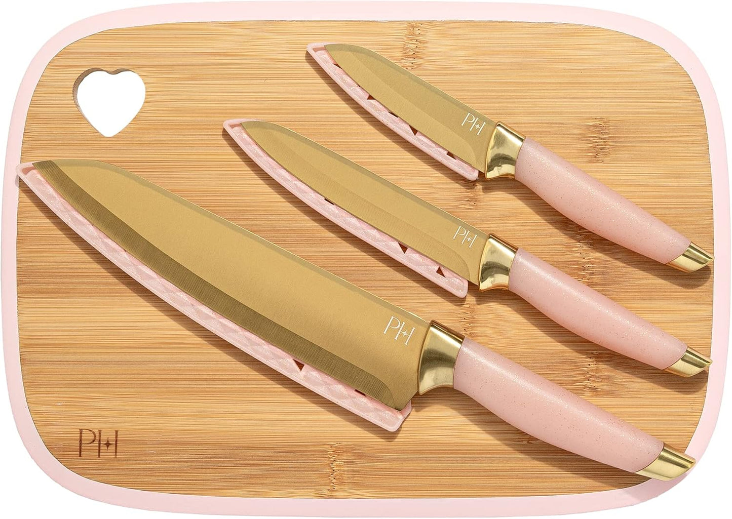 Paris Hilton Bamboo Cutting Board for Kitchen, Reversible Cutting Board and Cutlery Set with High Carbon Stainless Steel Knives and Blade Guards, Comfortable Handle Grips, 7-Piece Set, Gold and Pink