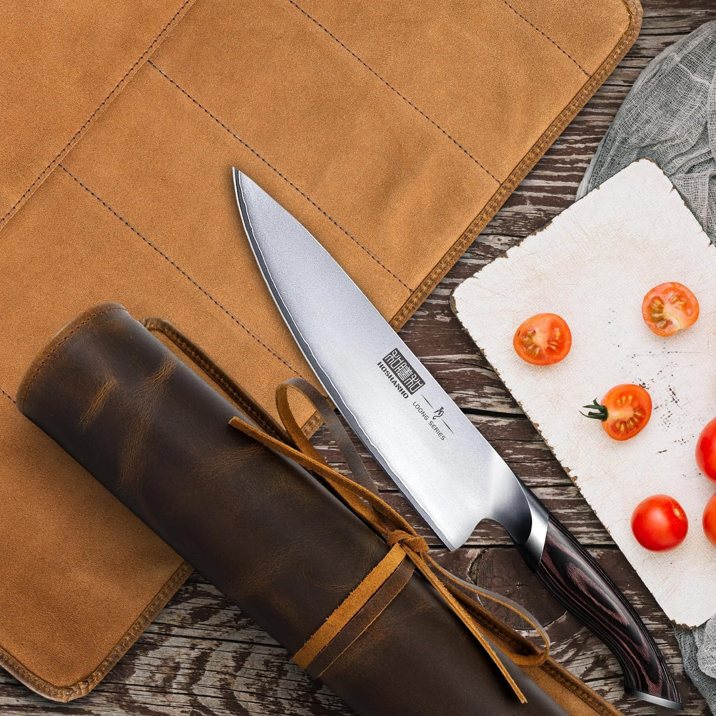 ELIZO Leather Knife Roll Bag Professional Chef Knife Case, Durable Knife Sheath Holder, Cooks & Culinary Tools Carrying Storage, Portable Knife Wrap - 4 Slots