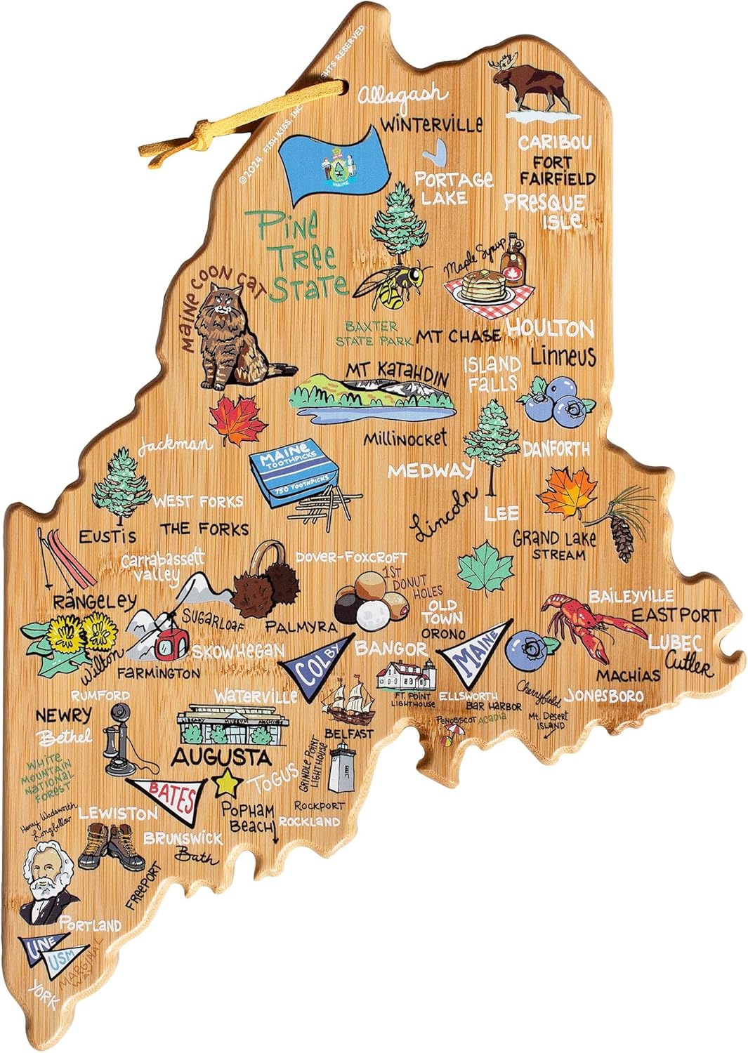 Totally Bamboo Tennessee State Shaped Cutting Board and Charcuterie Serving Platter with Artwork by Fish Kiss, Includes Hang Tie for Wall Display - Colors A