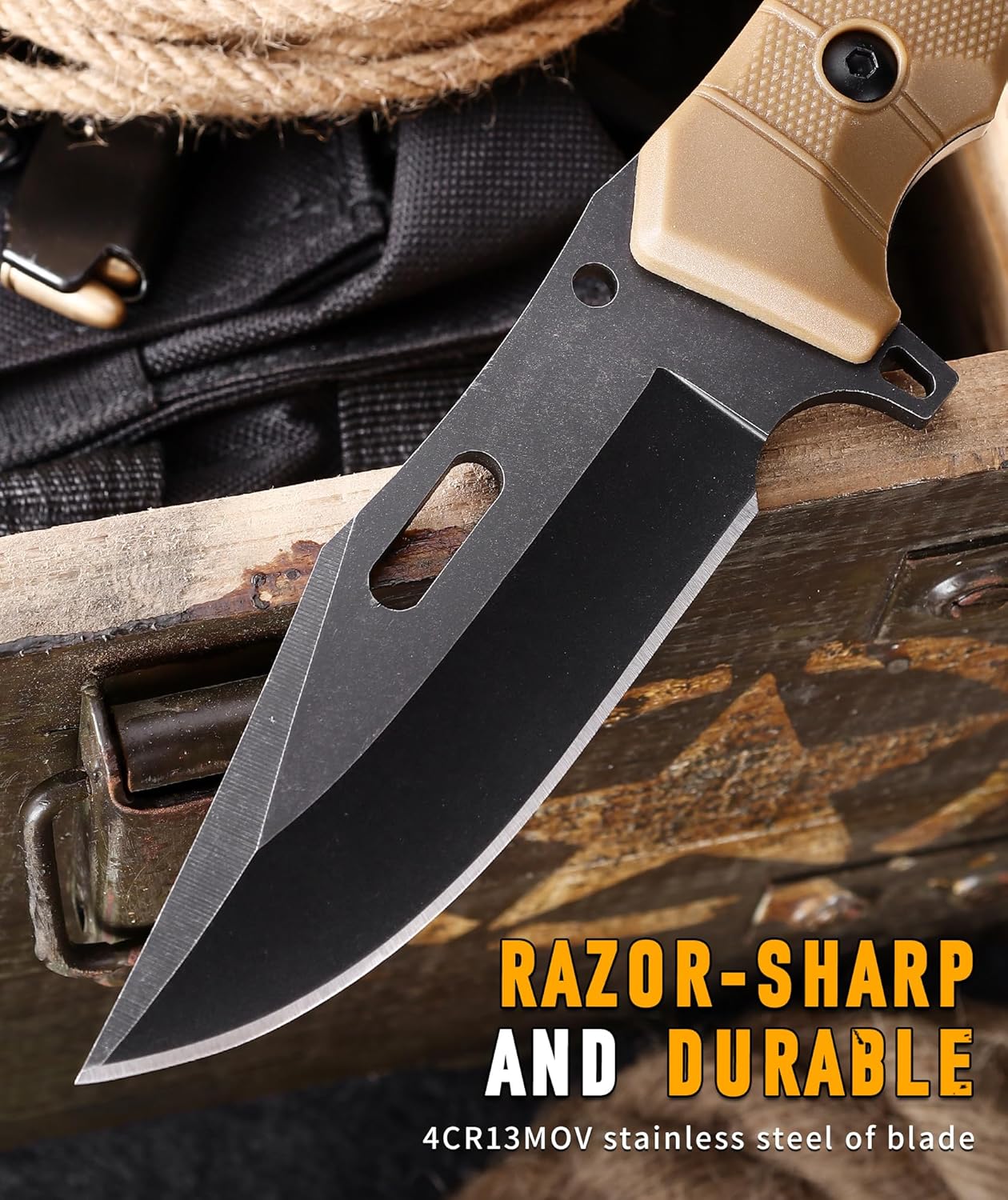 5-inch Fixed Blade Knife with Sheath，D2 stainless steel blade, G10 handle,Outdoor Camping knives