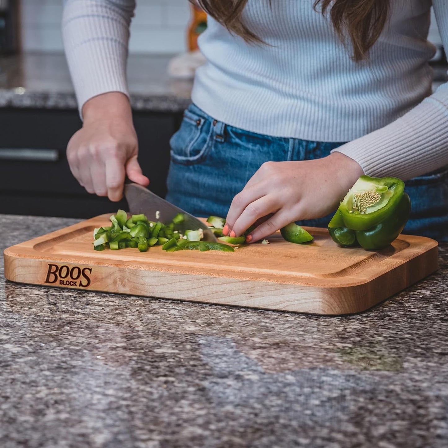 John Boos Prestige Series Rectangular Wooden Maple Cutting Board 18”x12” – 1.25” Thick, 8-lb Reversible Butcher Block with Juice Groove, Edge-Grain & Finger Grip Hole – Made in the USA
