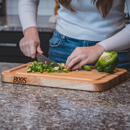 John Boos Prestige Series Rectangular Wooden Maple Cutting Board 18”x12” – 1.25” Thick, 8-lb Reversible Butcher Block with Juice Groove, Edge-Grain & Finger Grip Hole – Made in the USA