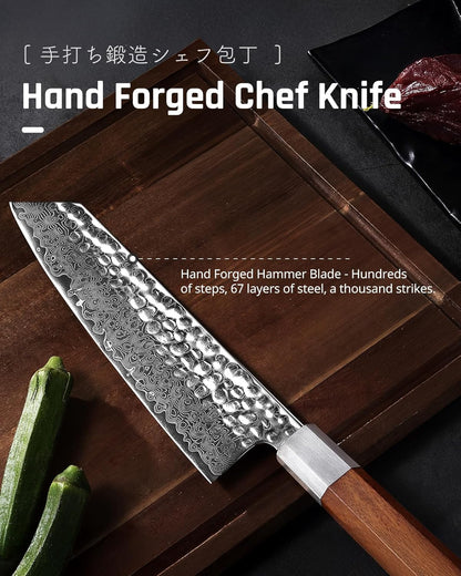 YOTSUBA 3PCS Japanese Damascus Chef Knife Set – Ultra Sharp Hand-Forged High Carbon Steel Blades with 100% Genuine Natural Hardwood Handles, Professional Kitchen Knives for Chopping Meat & Vegetables
