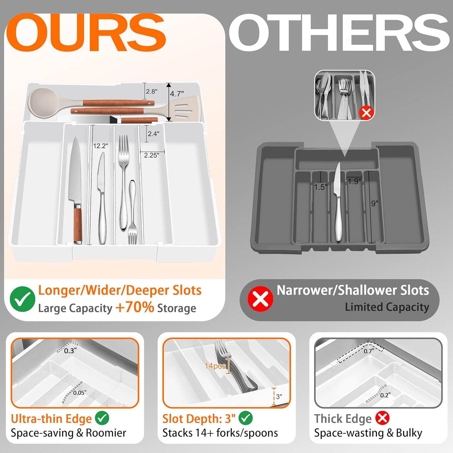 Spaclear Expandable Large Silverware Organizer - BPA-Free Food-Safe Utensil Drawer Organizer Adjustable Kitchen Drawer Organizer Flatware Cutlery Tray, Classified Storage for Spoons Forks Knives