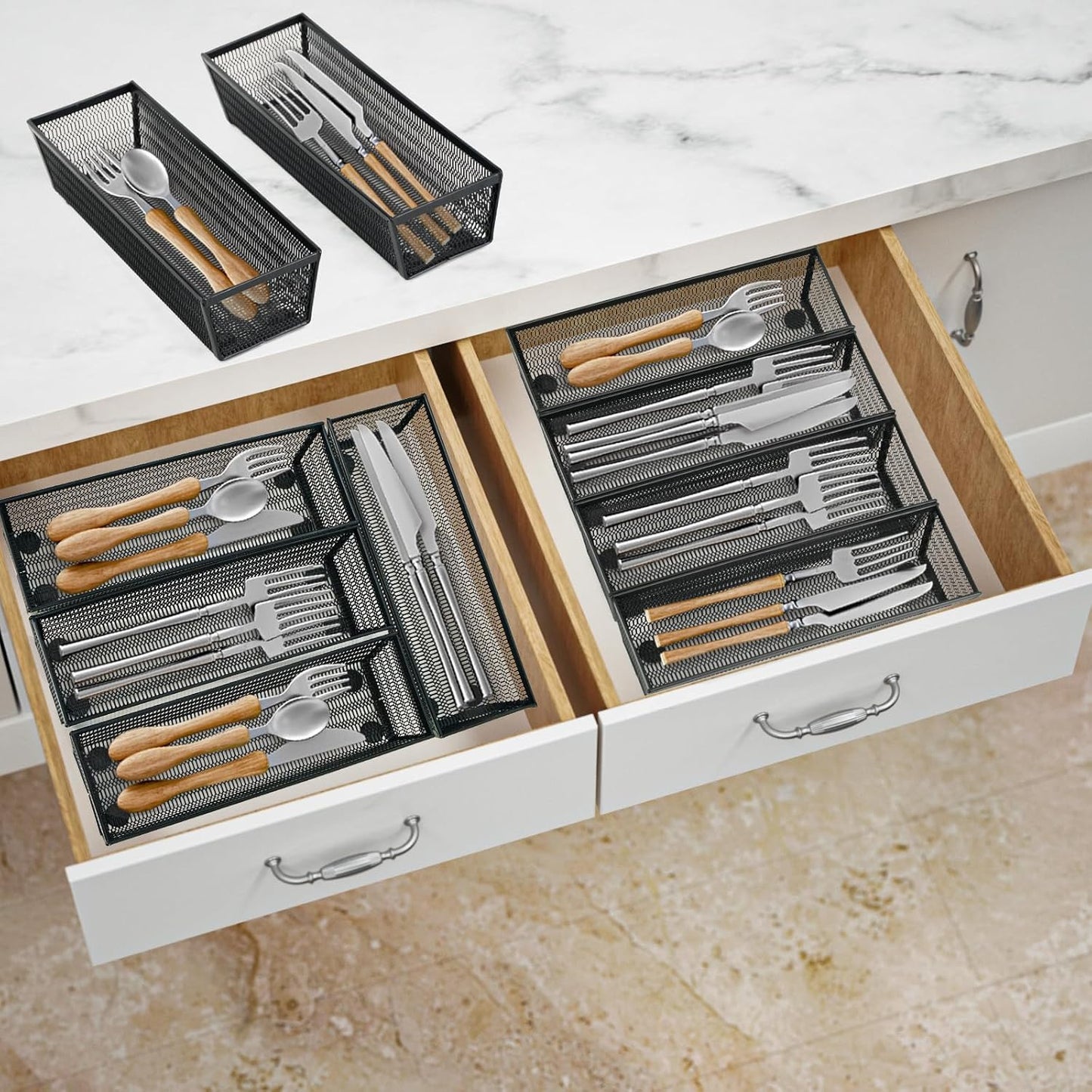 Neudeco Silverware Organizer,Mesh Drawer Organizer for Kitchen，Metal Utensil Organizer for Flatware, Knives, Spoons,Cosmetic (Silver 9 * 3 * 2 inch Pack6)