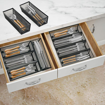 Neudeco Silverware Organizer,Mesh Drawer Organizer for Kitchen，Metal Utensil Organizer for Flatware, Knives, Spoons,Cosmetic (Silver 9 * 3 * 2 inch Pack6)