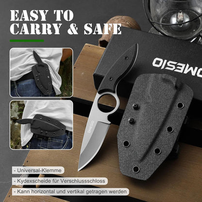 Omesio Small Fixed Blade Knife, Tactical Hunting Camping Knife with Kydex Sheath, Full Tang Stainless Steel Compact EDC Neck G10 Handle with Gift Box for Men (Black)