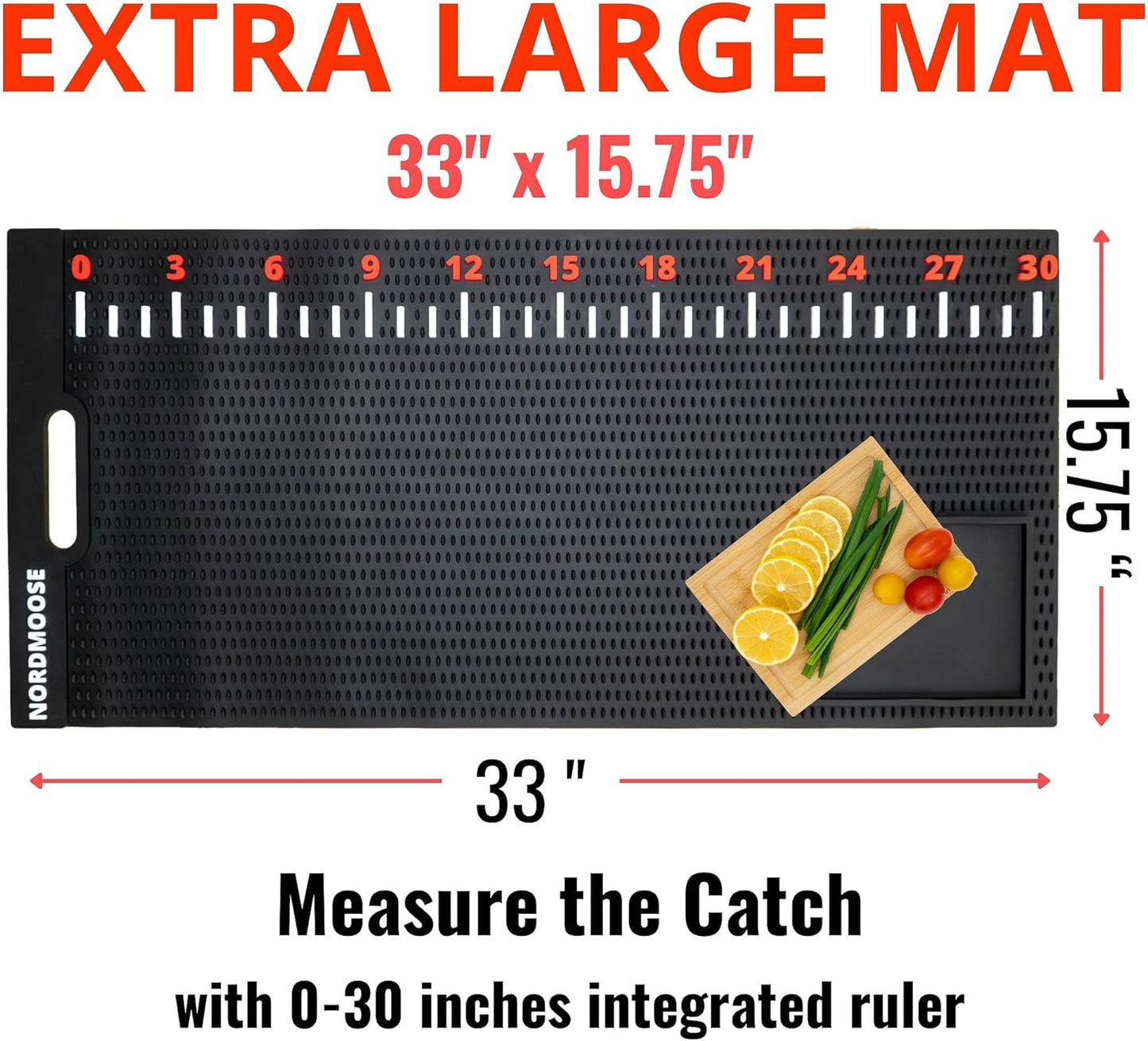 Fish Fillet Mat Kit with Fish Ruler Decal and Fillet Knife, Cutting Gloves. Large 28"x14" Nonslip Fish Cleaning Mat that Grips the Fish - Durable & Easy to Clean, Portable Fish Cutting Board