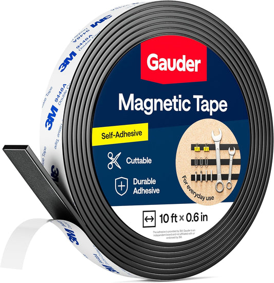 GAUDER Magnetic Tape with 3M Adhesive - Strong Self-Adhesive Magnet Strip - Strong Magnetic Tape Roll with Cuttable Length & 3M Sticky Back (10 ft x 0.6 in)