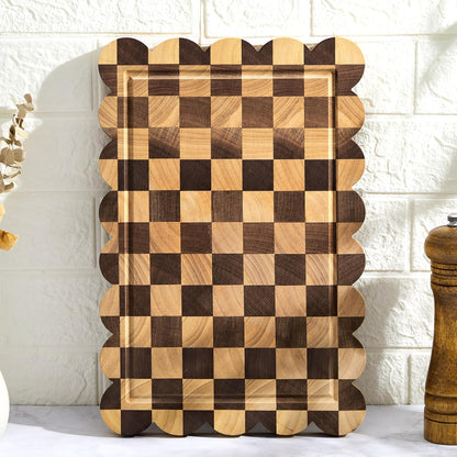 Nuanchu 3 Pcs Checkered Scalloped Cutting Board for Kitchen, Wood Chopping Board with Juice Grooves, Decorative Cutting Boards for Serving, Butcher Block for Meat and Bread (9x5.9,12x7.9,15x10 Inch)