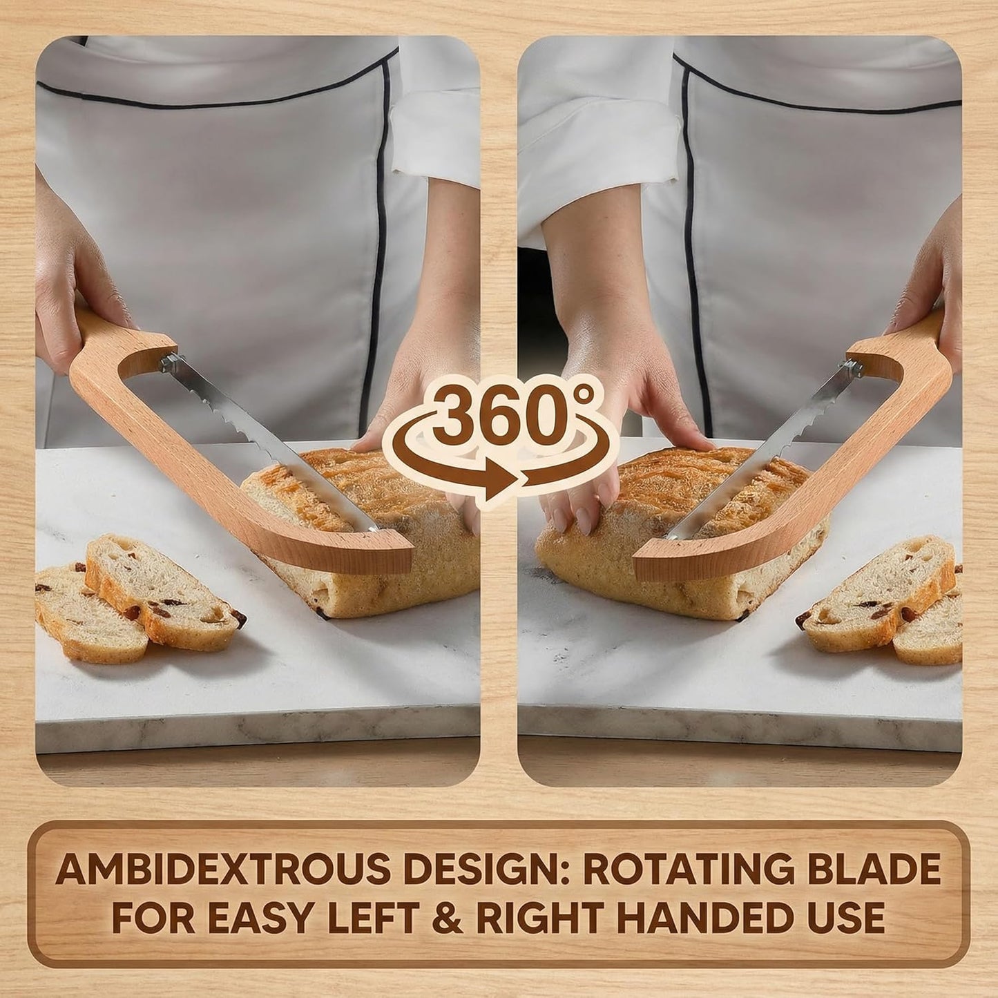 360° Rotatable Blade Wooden Bread Knife, Left-Hand Friendly, Bread Slicer, Bread Bow Saw