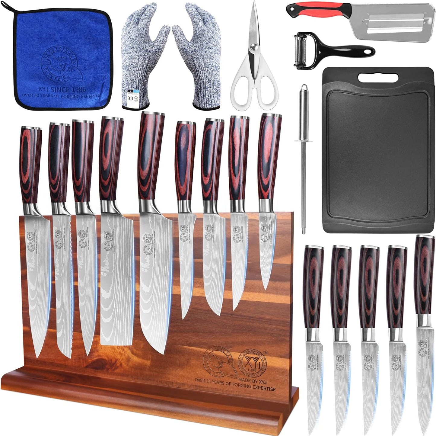 XYJ Kitchen Knife Block Set,Stainless Steel Knives Set with Magnetic Knife Block,Scissors,Gloves,Honing Steel,Japanese Style Paring Boning Steak Slicing Santoku Chef Knives,Resin Handle