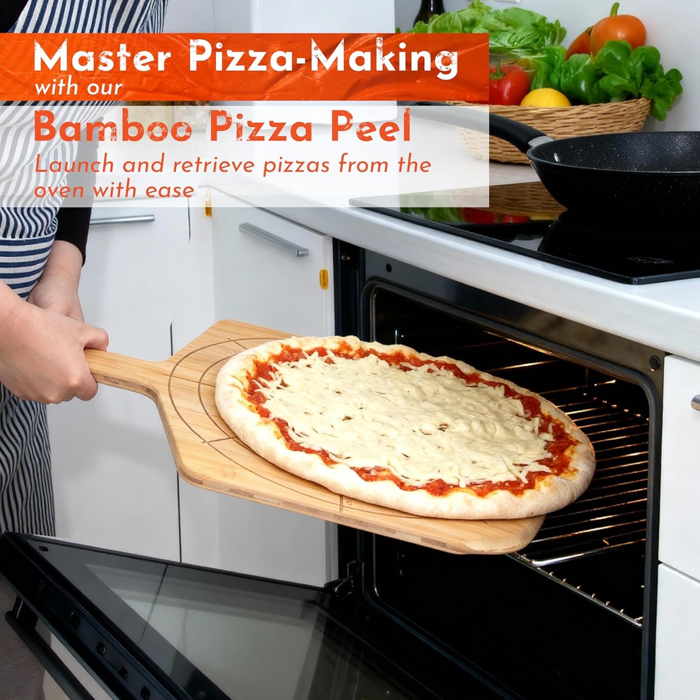 Wooden Pizza Peel 16 Inch Board with Engraved Sizes - Multi-Purpose Bamboo Pizza Cutting Board, Wood Pizza Peel, Pizza Spatula Paddle, and Serving Board with Size and Cutting Guide