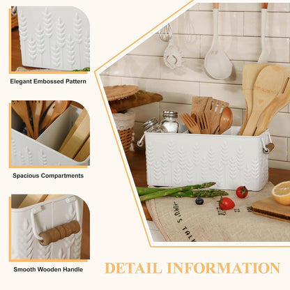 Silverware Caddy for Party Kitchen Flatware Holder for Countertop Metal White Honeycomb Pattern Embossed Cutlery Organizer with 3 Compartments for Utensils, Spoons, Knives, Forks, Cups,