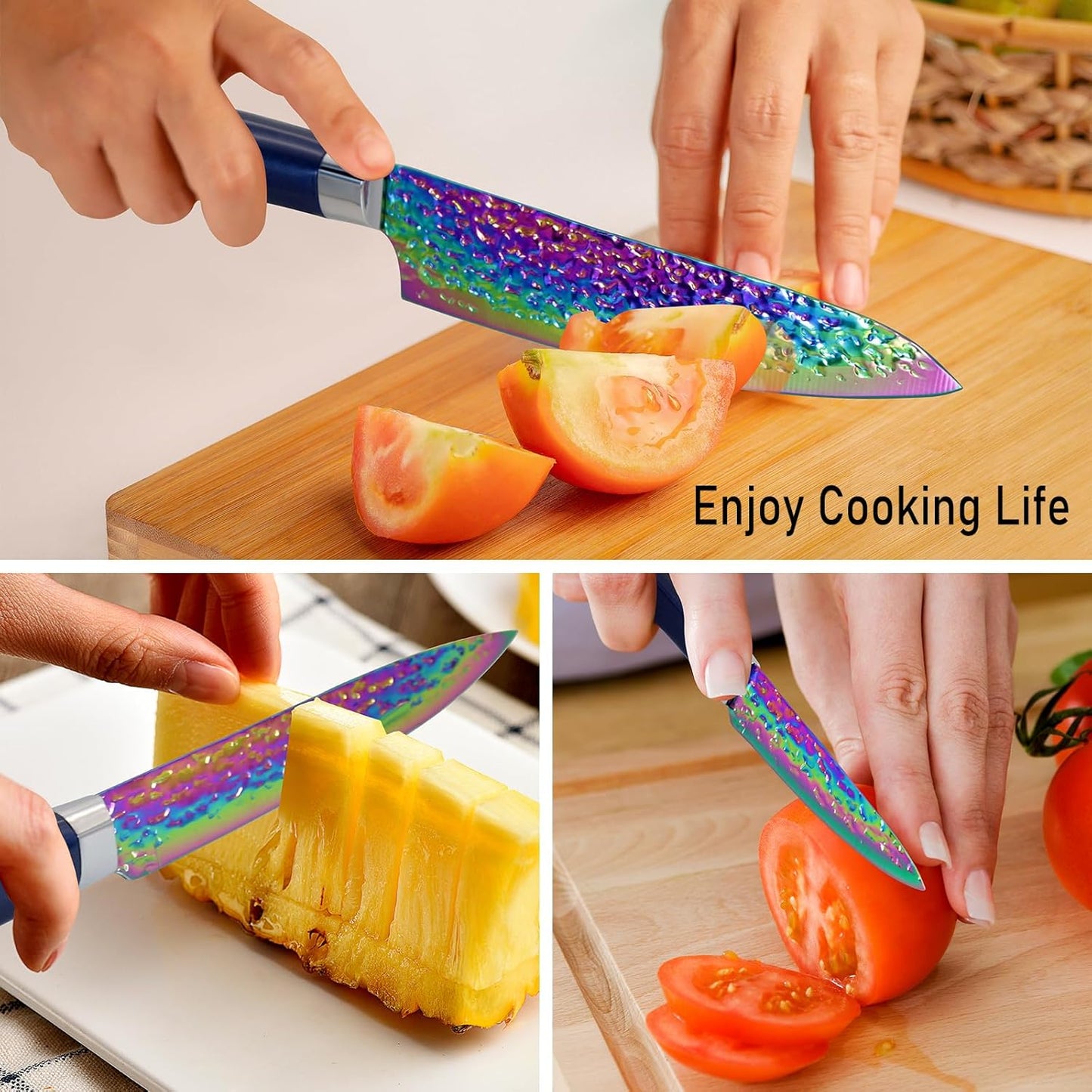 Rainbow Titanium Knife Set, Non Stick Thick and Sharp Stainless Steel 15 Pcs Cutlery Kitchen Knives Set with Acrylic Block, Chef Quality for Home & Pro Use, Best Gift, Pink Color