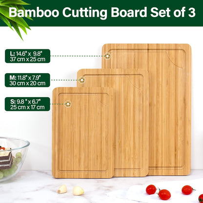 WILLKOMMEN 4-Piece Bamboo Cutting Boards for Kitchen, Chopping Board Set with Food Icon (Meat, Fish, Vegetables, Fruits) Butcher Block with Stands, Handles & Juice Grooves (Small, Medium, Large, XL)