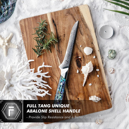 Fanteck 6" Boning Fillet Knife,Damascus Japanese Pro Vg10 67 Layer Sharp Curved Flexible Blade Kitchen Deboning Knives for Fish Poultry Chicken Meat Cutting-Full Tang Abalone Shell Handle&Wooden Cover