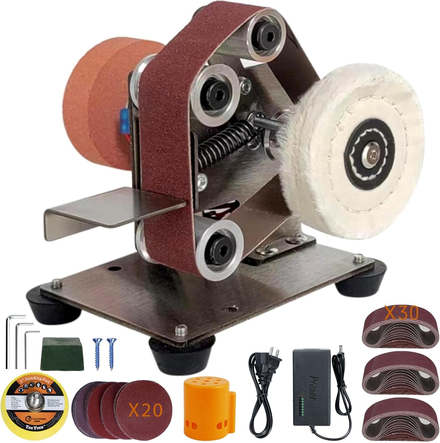 Mini Belt Sander, Electric Small Sander Knife Making Supplies, 7 Adjustable Speed Electric Knife Sharpener, Power Belt Grinder for Woodworking, Metal Working DIY (6.5'' x 6.8'' x 4.8'')