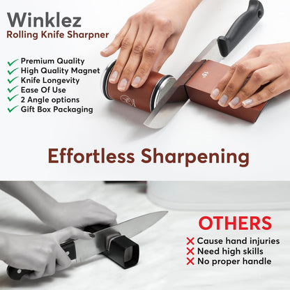 Rolling Knife Sharpener with Diamond and Ceramic Discs, Kitchen Knife Sharpener with 15° & 20° Magnetic Angles, Strong Knife Sharpening Kit (Brown)