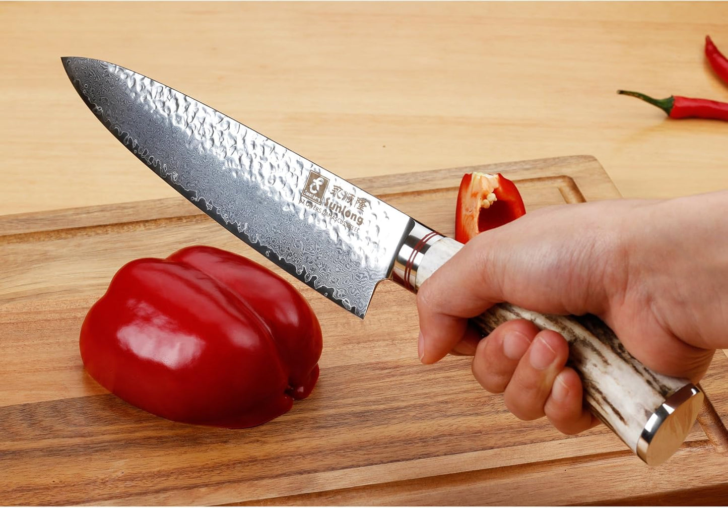SUNLONG Usuba & Nakiri Knife 6.5 inch Fruit and Vegetable Knife Japanese Hammered Damascus Steel Super sharp - Natural Deer Horn Handle