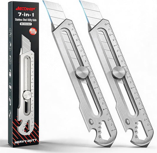 BECOWIN 7-In-1 Mutipurpose Utility Knife, Stainless Steel Retractable Box Cutter, Heavy Duty Snap off Cutter Knife with 10PC 18MM SK5 Blades, Safety Lock Design