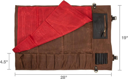 Dickies Chef Knife Roll Bag Portable Organizer and Cutlery Storage Roll, Waxed Canvas and Leather, Medium