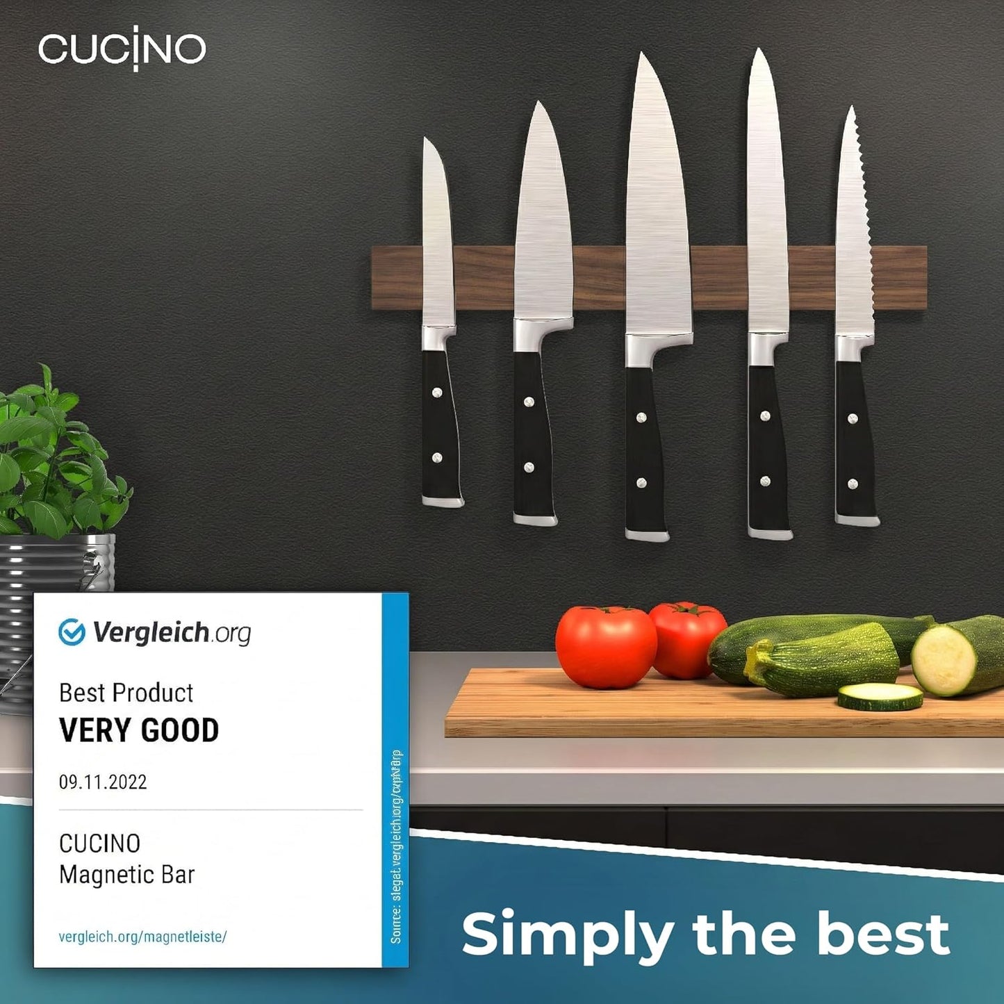 CUCINO Magnetic Knife Holder for Wall 16" - No Drilling incl. Self Adhesive Tape - Extra strong Magnet - Awarded Strip - Made of Stainless Steel