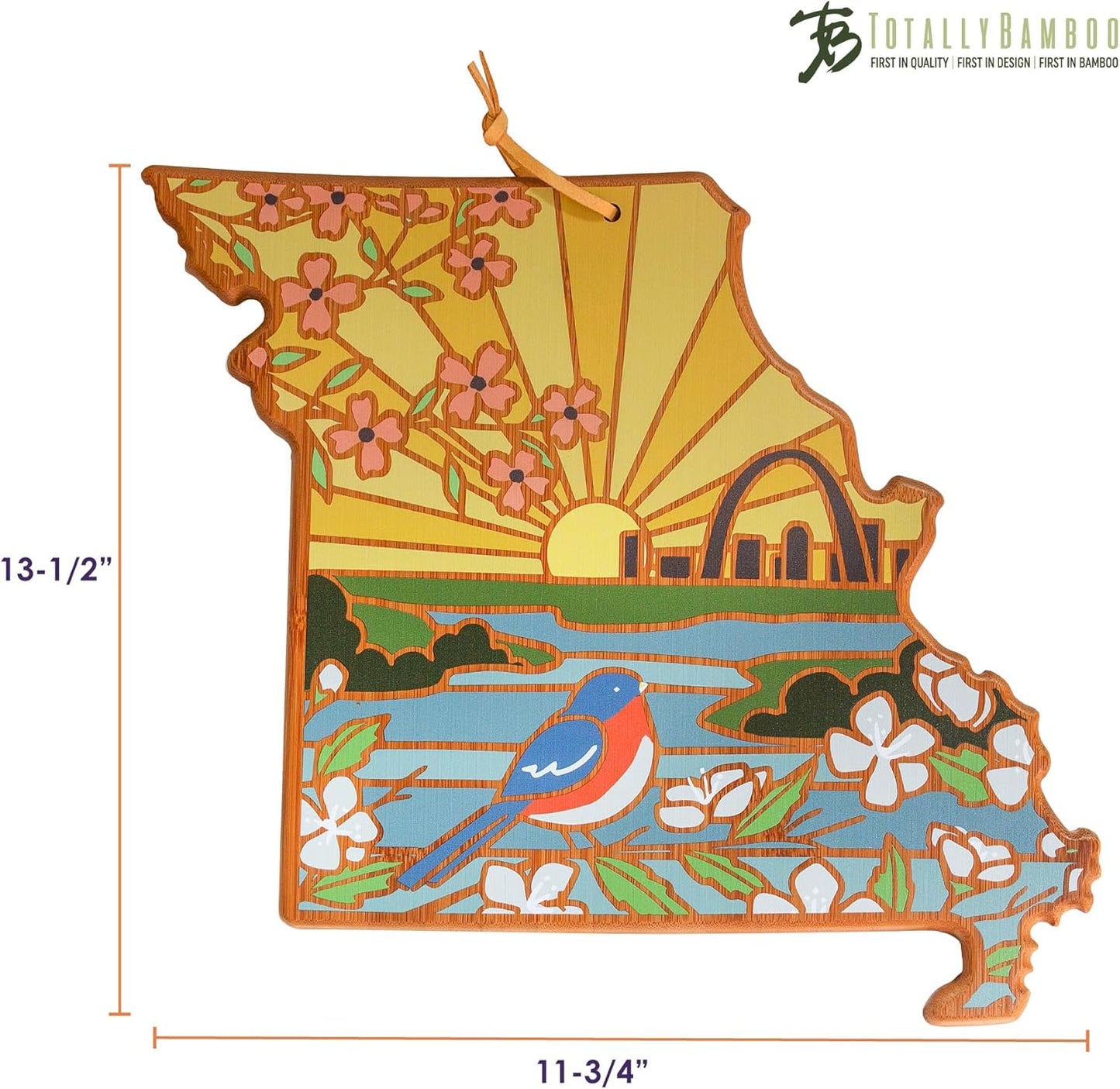 Totally Bamboo North Carolina State Shaped Cutting Board and Charcuterie Serving Platter with Artwork by Summer Stokes, Includes Hang Tie for Wall Display 18" x 8" x 5/8" - Colors B