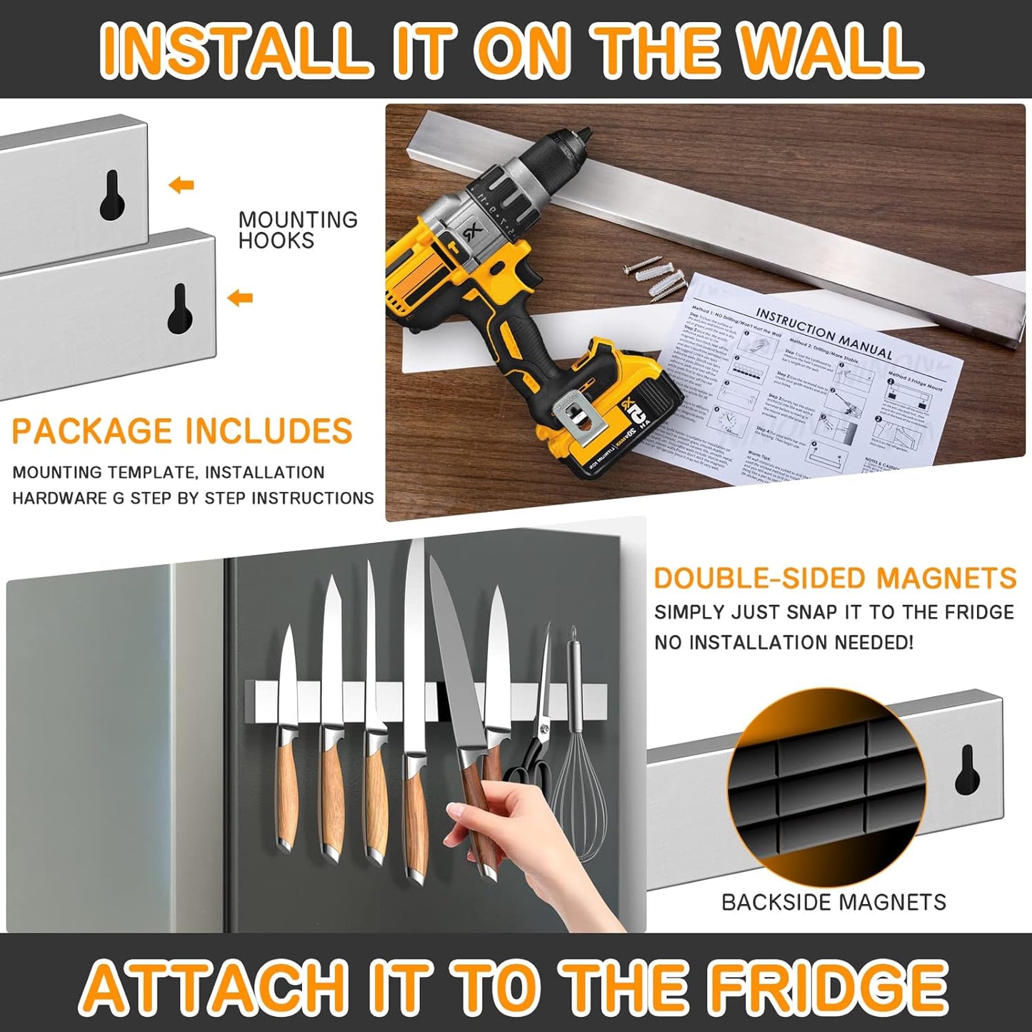 Ninonly 10 Inch Magnetic Knife Holder for Refrigerator, Stainless Steel Double Sided Magnet Knife Strip for Wall, No Drilling Magnetic Knife Rack with Powerful Magnetic Pull Force Fridge Applicable