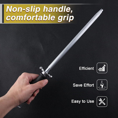 Professional Knife Sharpener Rod, 15 Inch Honing Steel, Kitchen Knife Sharpening Steel, Carbon Steel Sharpening Rod with Ergonomic Handle, Honing Rod for Chef Knive, Kitchen Gift for Butcher